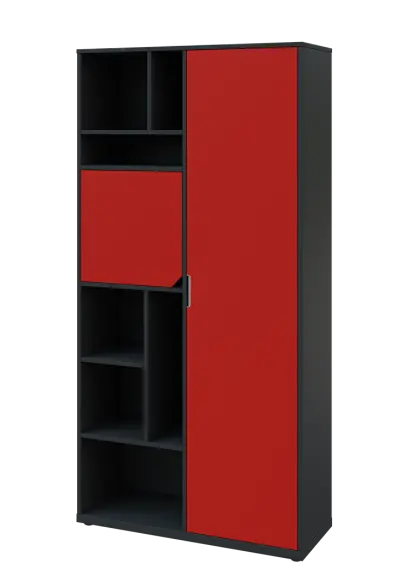 KSR6-83 P skříň šatní, 1x výsuvné ramínko, dvířka, niky, 2053x1022x400 mm, provedení pravé, antracit/červená